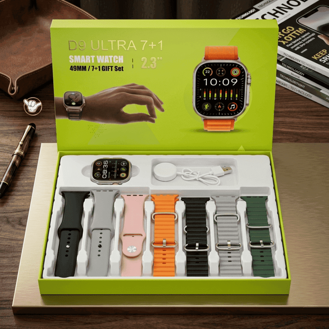 D9 Ultra Smart Watch | 2.3" HD + 7 Straps + EKG | MoodOn.pk
