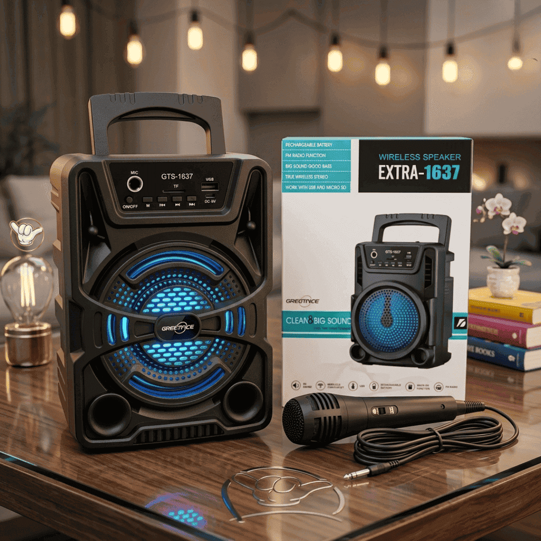 Greatnice GTS-1638 Speaker | 4" Bass + Free Mic + RGB LED | MoodOn.pk