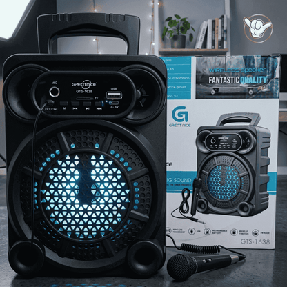 Greatnice GTS-1638 Speaker | 4" Bass + Free Mic + RGB LED | MoodOn.pk