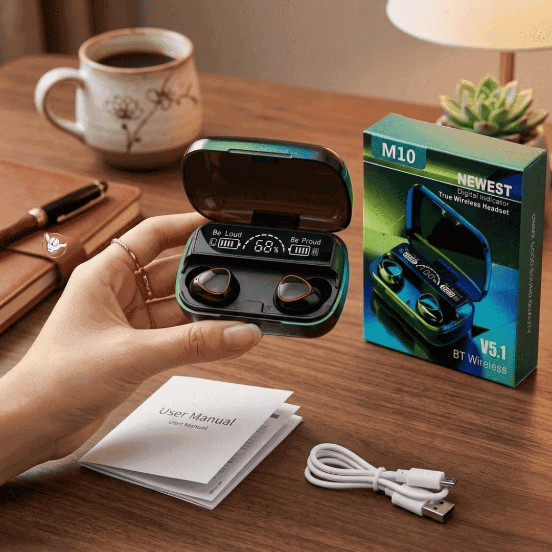M10 TWS Earbuds | LED Display + Extra Earbuds | MoodOn.pk