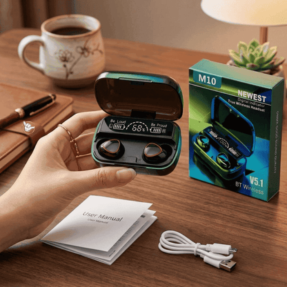 M10 TWS Earbuds | LED Display + Extra Earbuds | MoodOn.pk