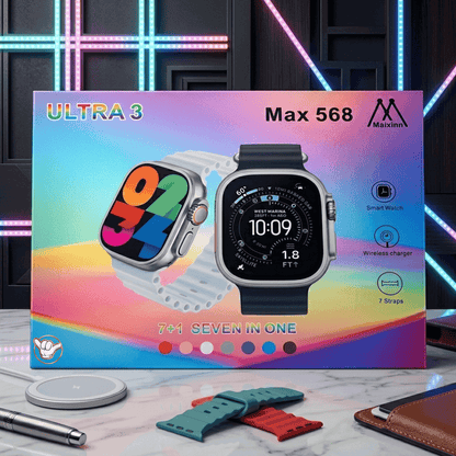 Maixinn Ultra 3 Max 568 Watch | 7 Straps + Wireless Charger | MoodOn.pk