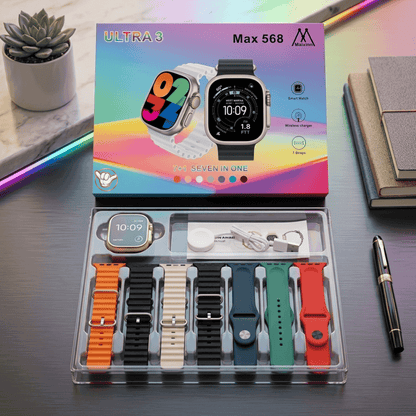 Maixinn Ultra 3 Max 568 Watch | 7 Straps + Wireless Charger | MoodOn.pk