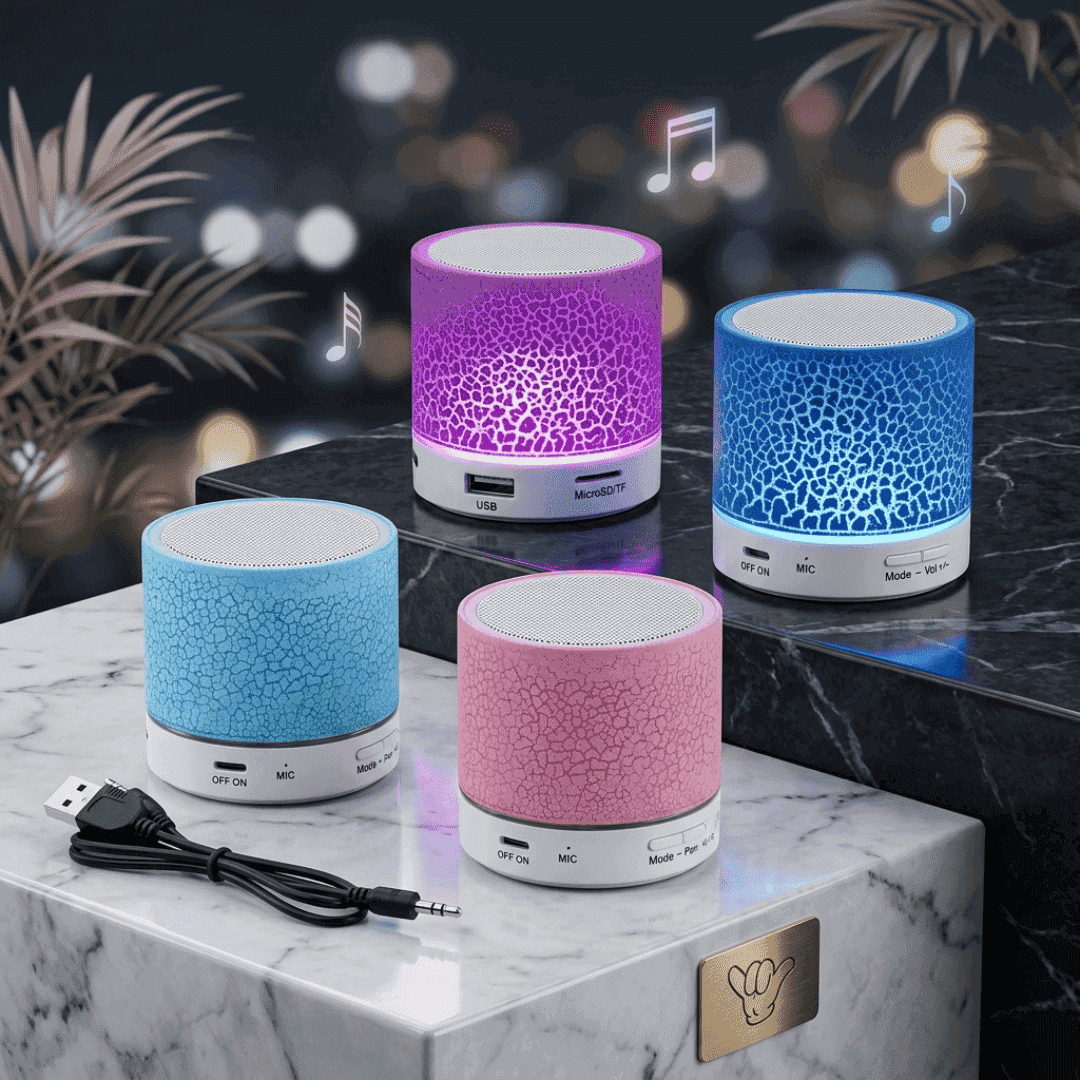 LED Crackle Mini Speaker | FM Radio + SD Card Slot + LED Light | MoodOn.pk