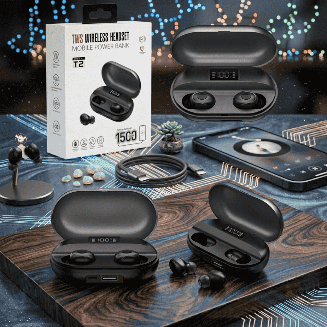 T2 TWS Earbuds | 1500mAh Power Bank Case | MoodOn.pk