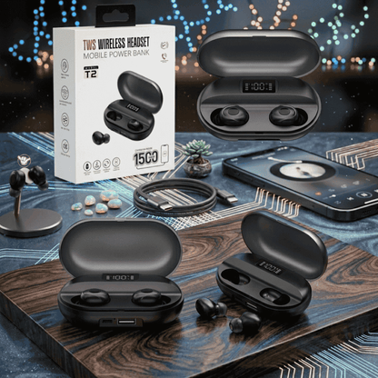 T2 TWS Earbuds | 1500mAh Power Bank Case | MoodOn.pk