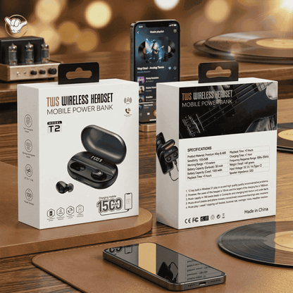 T2 TWS Earbuds | 1500mAh Power Bank Case | MoodOn.pk