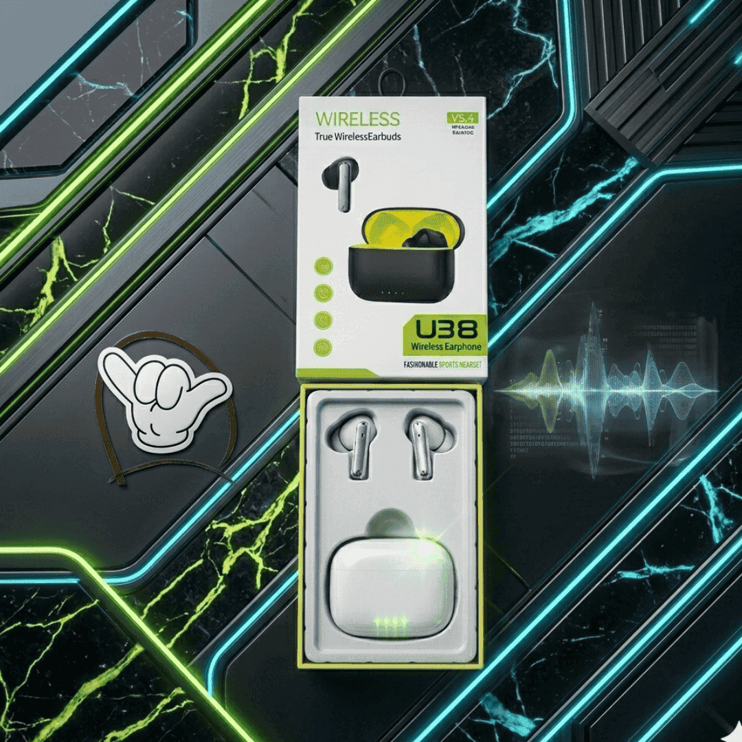 U38 Sports Earbuds | Neon Case + LED + Bluetooth 5.4 | MoodOn.pk