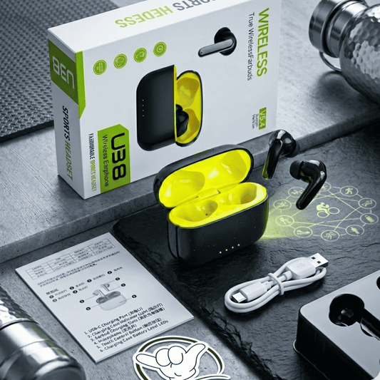 U38 Sports Earbuds | Neon Case + LED + Bluetooth 5.4 | MoodOn.pk