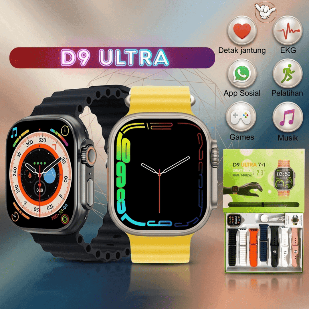D9 Ultra Smart Watch | 2.3" HD + 7 Straps + EKG | MoodOn.pk