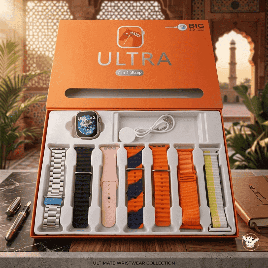 Ultra 7-in-1 Smart Watch | 2.01" HD + 7 Straps + Fitness | MoodOn.pk
