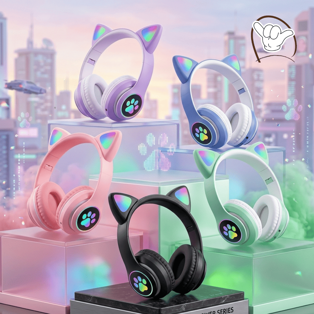 Cat Ear LED Headphones for Kids | Light Up + Bluetooth 5.3 | MoodOn.pk